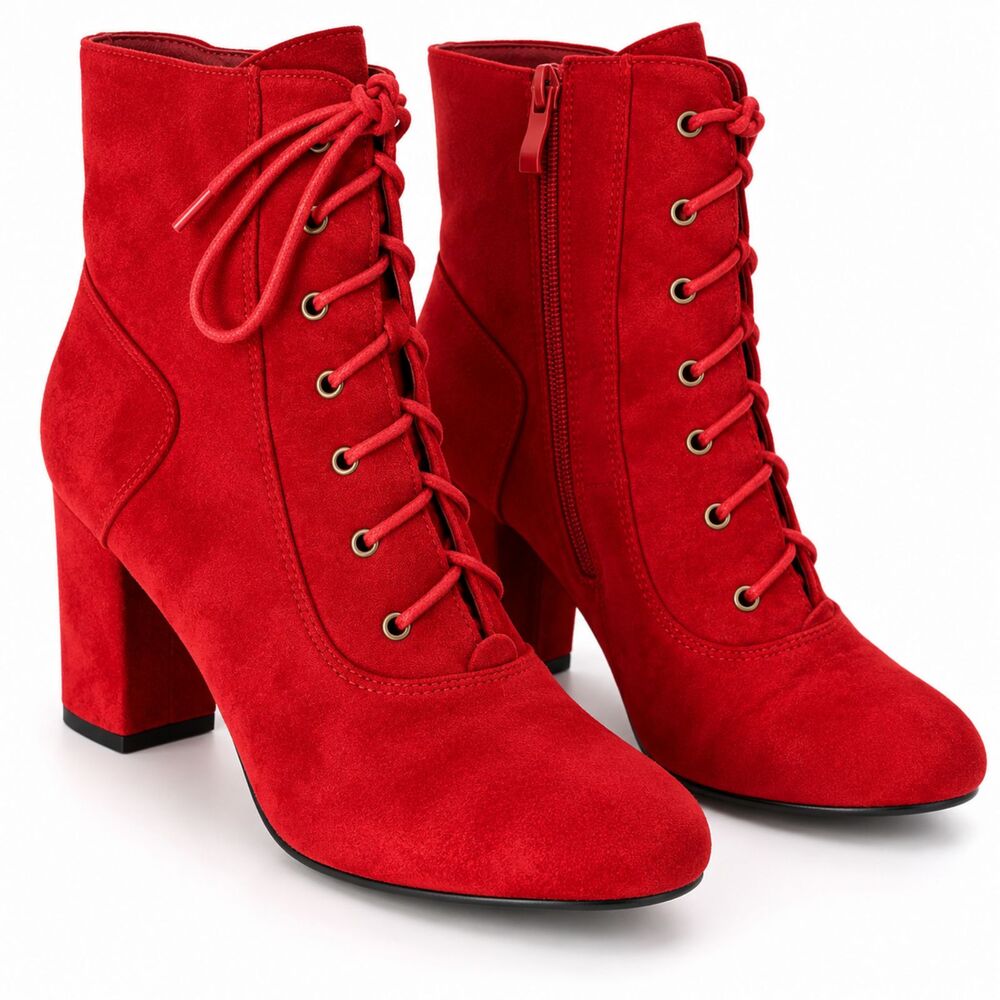 Allegra K Women's Size 10 Red Faux Suede Lace Up Block Heel Ankle Boots Booties